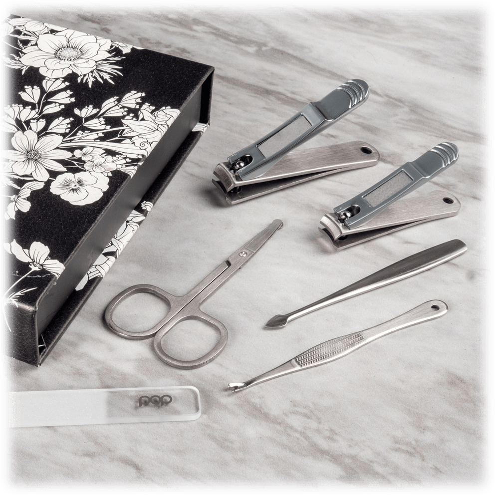 Nail set includes everything you need for a mani/pedi in a stylish case