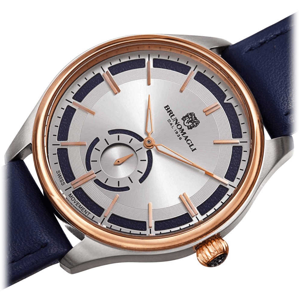 Two-Tone Silver and Rose Gold, Silver Dial w/ Blue Inlay, and Blue Strap