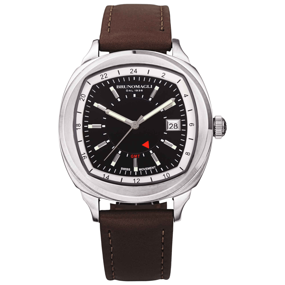 Silver Case w/ Black Dial on Brown Strap