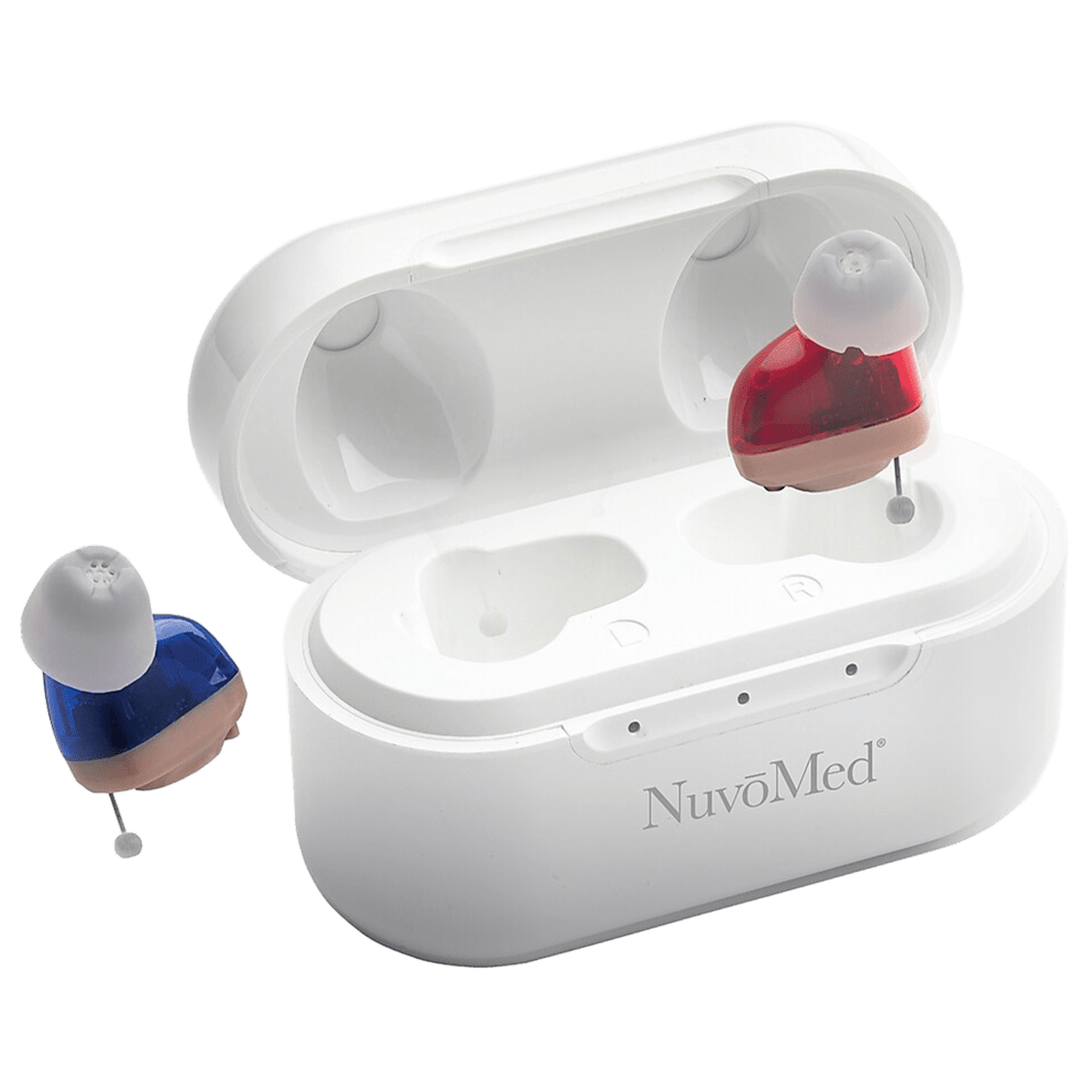 Compact NuvoMed hearing aids with a portable charging case for clear, comfortable everyday listening.