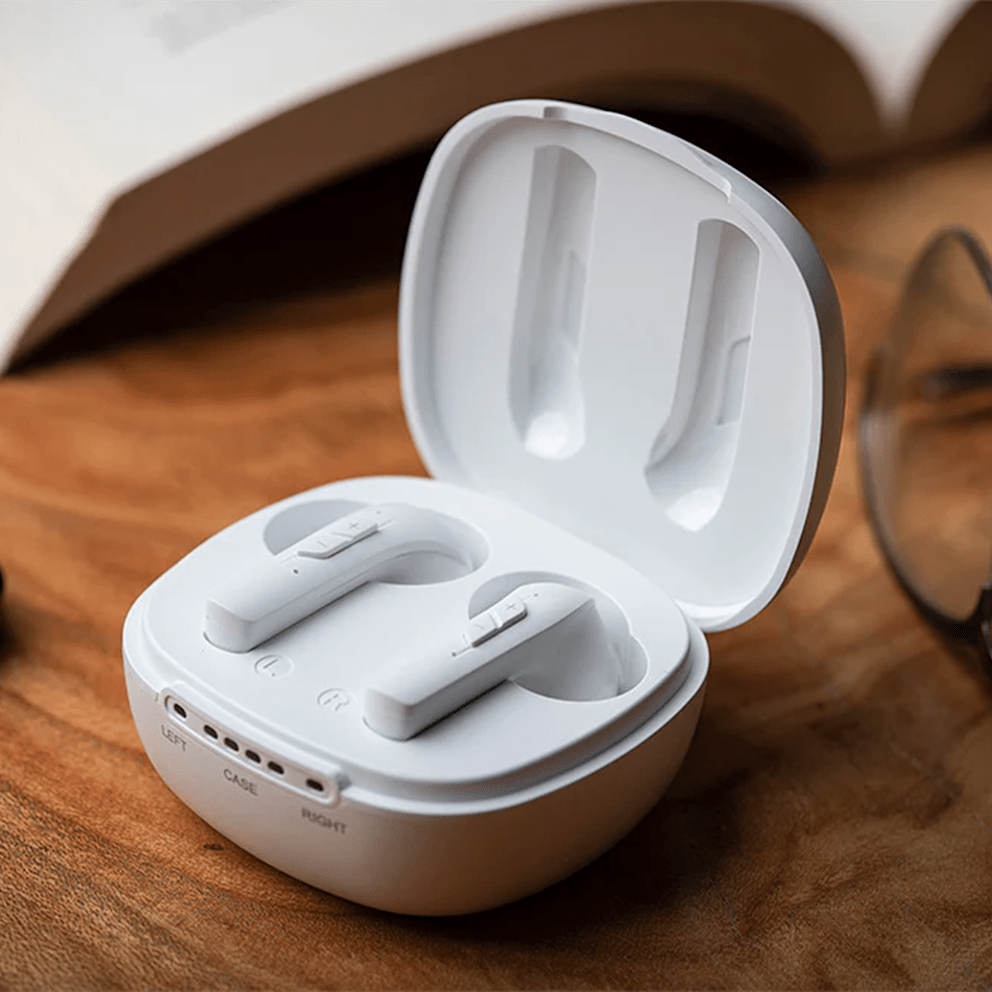Rechargeable hearing aids with a compact case for convenient everyday listening.