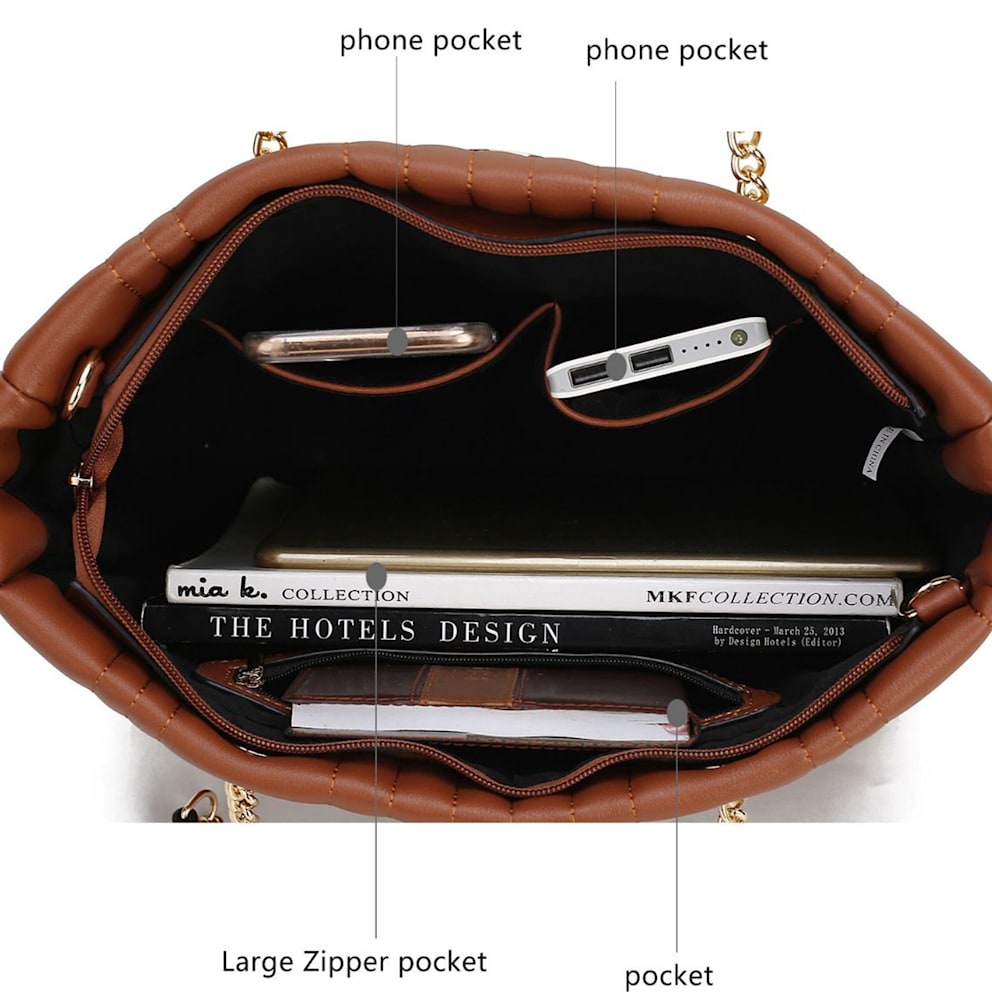 Features a wall zip pocket, two slip pockets
