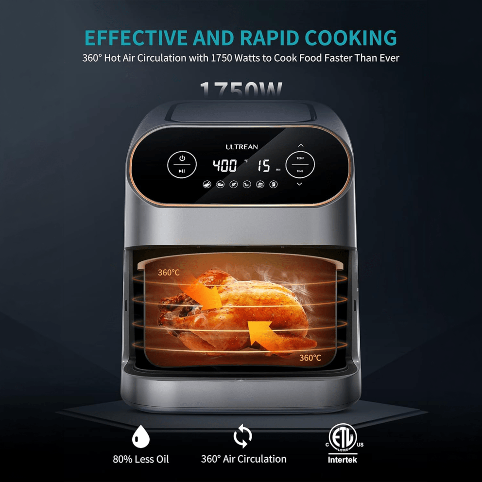 1750W power with 360° air circulation for fast, even cooking with less oil
