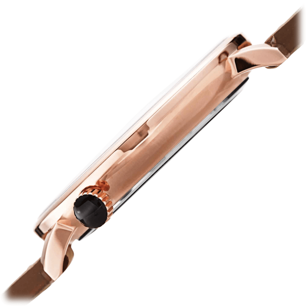Rose Gold Case w/ Blue Hand on Camel Brown Strap