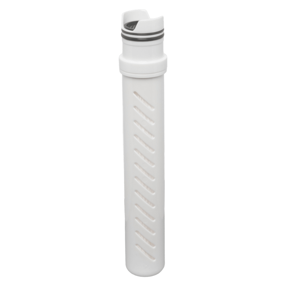 Activated carbon filter reduces chemicals and improves taste.  Lasts up to 26 gallons.