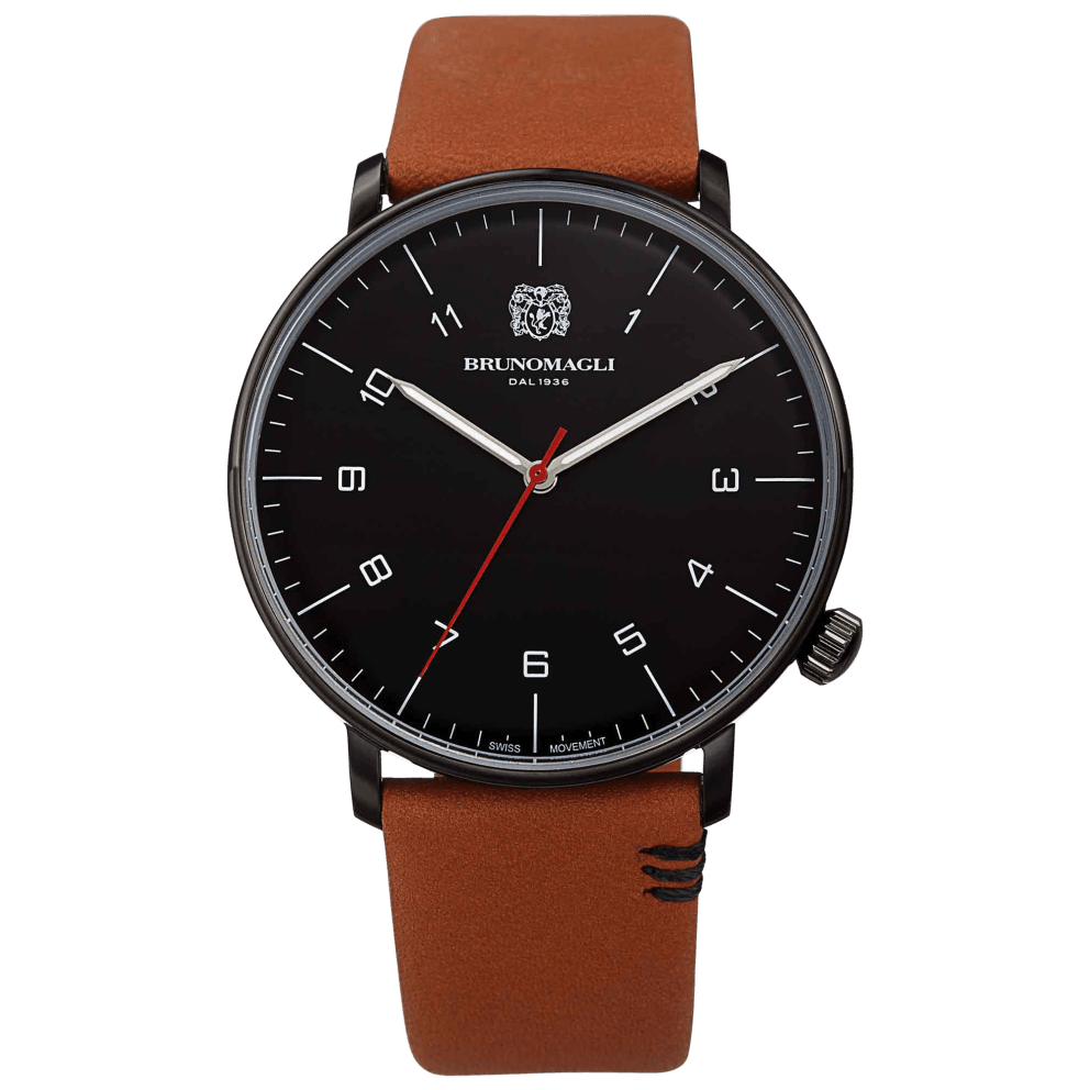Black Case w/ Black Dial on Brown Strap