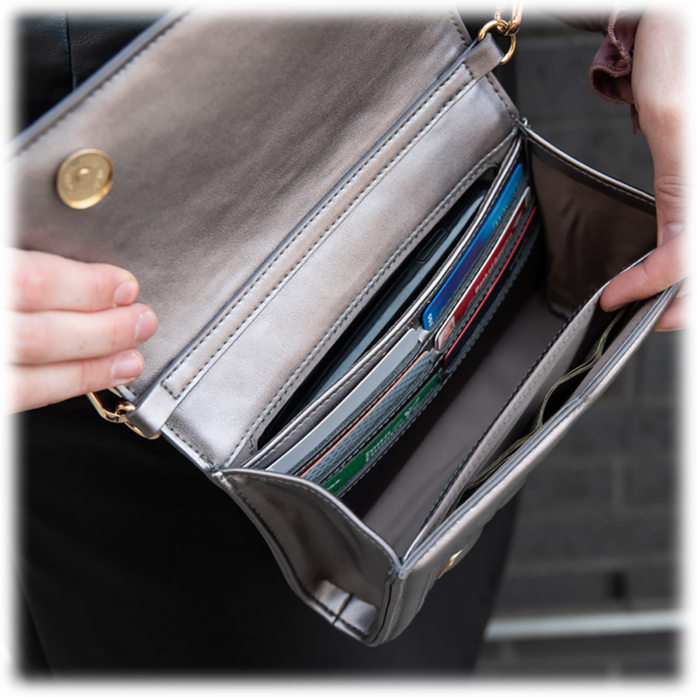 Roomy main compartment with six RFID credit card slots