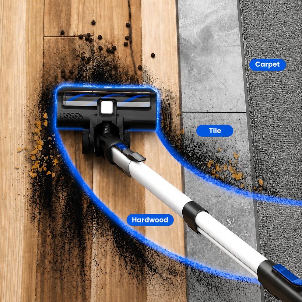 Flexible Motorized Head Adapts to Hardwood, Tile & Carpet.