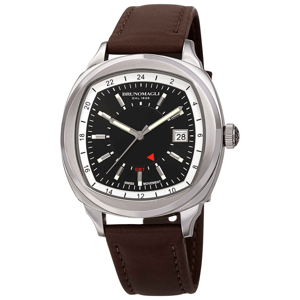 Silver Case w/ Black Dial on Brown Strap