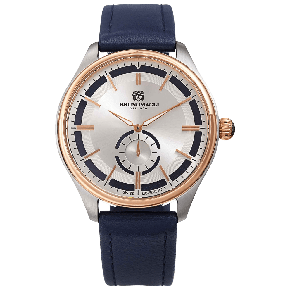 Two-Tone Silver and Rose Gold, Silver Dial w/ Blue Inlay, and Blue Strap