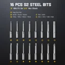 Includes 16 coated hardened steel bits