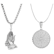 Steeltime Men's Prayer Hands & Round Pendant Necklace Set