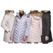 Kenneth Cole Mid-Length Chevron Quilted Puffer Jacket with Faux Fur Trim