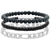 Steeltime Men’s Leather, Lava Bead & Stainless Steel Figaro Bracelet Set