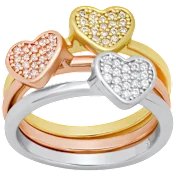 Steeltime Ladies Tri-Tone Brass Simulated Diamond Heart Shape 3-Piece Ring Set