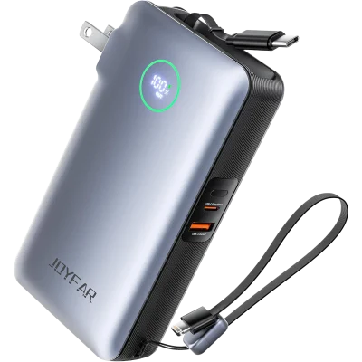 JOYFAR 25,000mAh GaN 65W Power Bank with Wall Plug & Retractable USB-C Cable