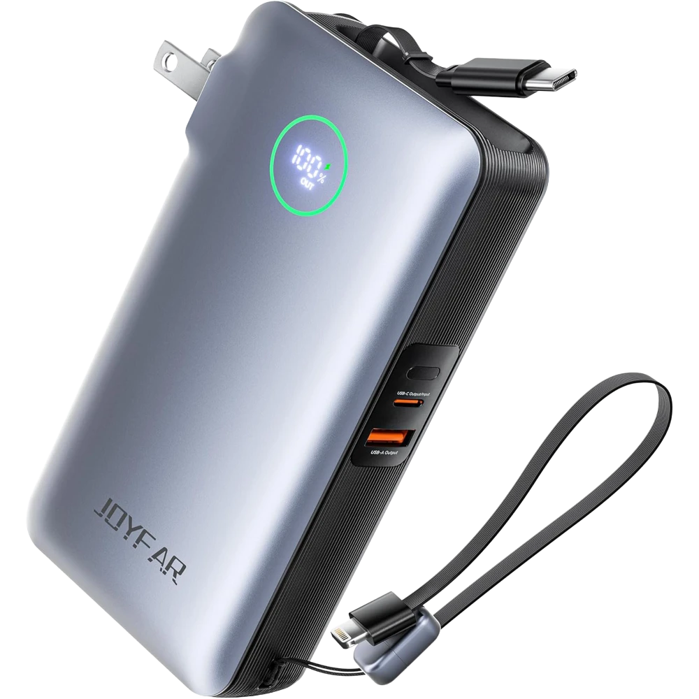 JOYFAR 25,000mAh GaN 65W Power Bank with Wall Plug & Retractable USB-C Cable