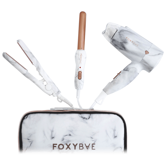 Foxybae Marble Mini Blow Dryer, Flat Iron and Curling Wand Travel Kit with Case