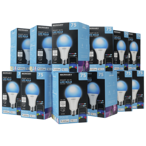 12-Pack Merkury Innovations WiFi and Voice Control Multicolor A21 LED Smart Light Bulbs with 1050 Lumens, No Hub Required, 75W Equivalent Incandescent, Works with Alexa & Google Home