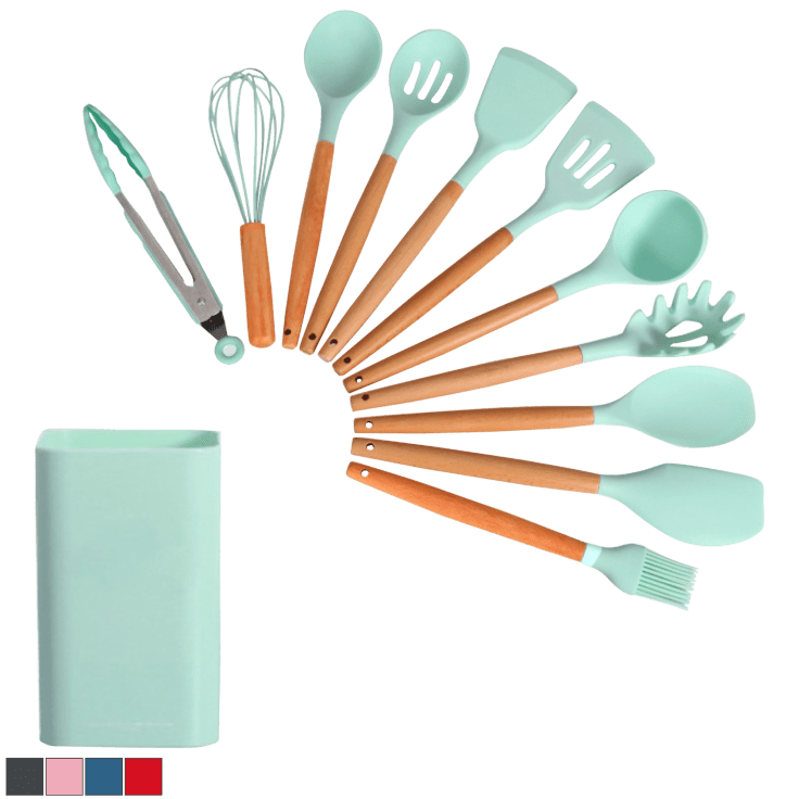 12 Pcs Silicone Kitchen Utensils Set with Holder Wooden Handles Heat  Resistant & BPA Free & Non-Toxic(blue)