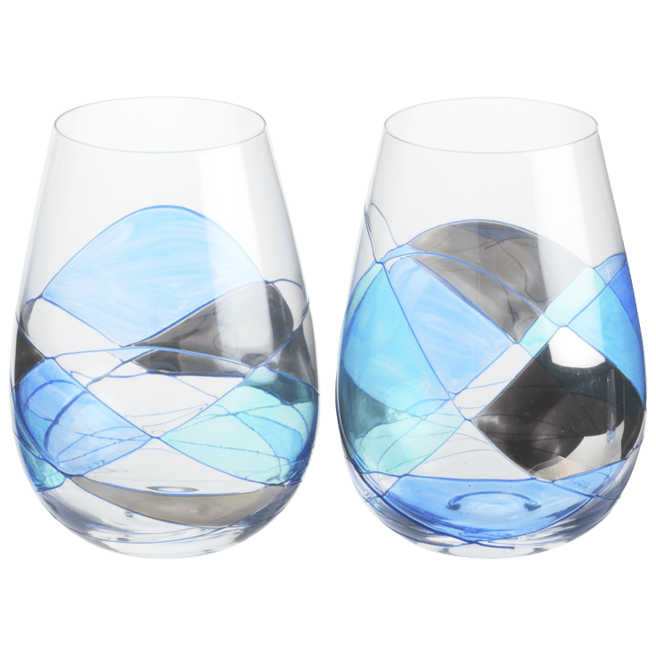 Stemless Wine Glasses 21Oz Hand Painted Mouth Blown Antoni