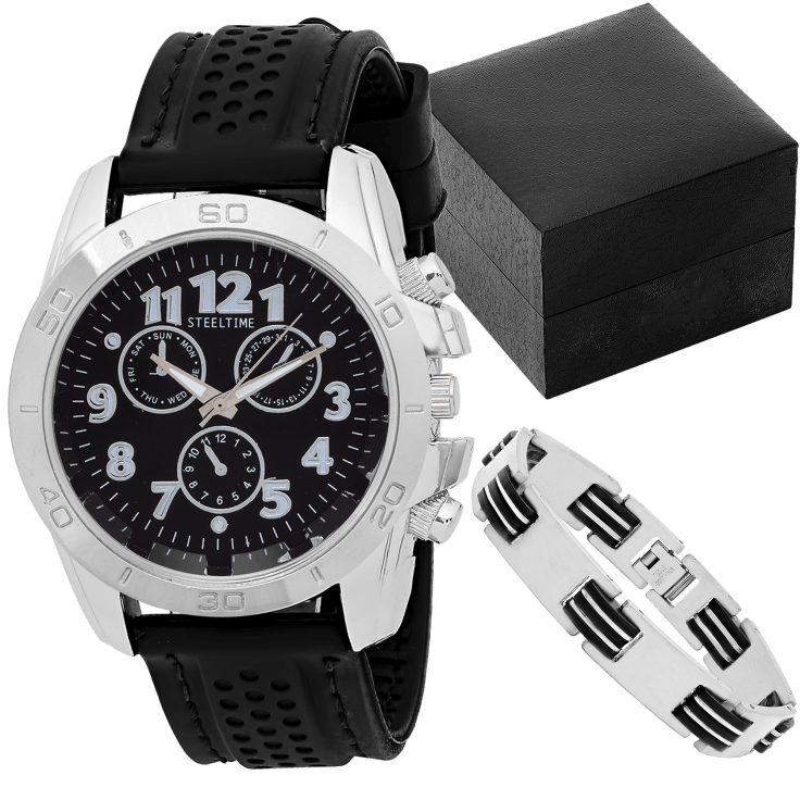 MorningSave SteelTime Men's Black Watch and Bracelet Set