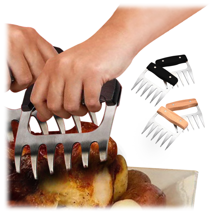 Stainless Steel Meat-Shredding Claws with Wooden Handle, Brown