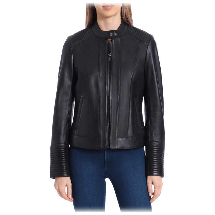 Badgley mischka quilted leather biker jacket sale