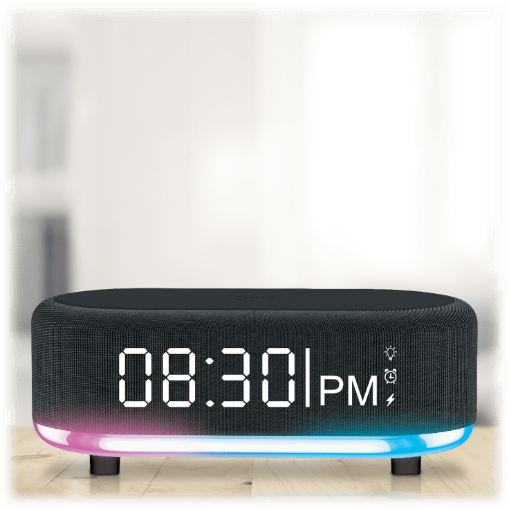 Lámpara de luz nocturna con cargador inalámbrico gris 4 en 1 | Reloj  despertador con altavoz Bluetooth | Carga rápida de 15 W para teléfonos