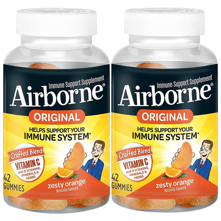 2x 42-Count Airborne Zesty Orange Flavored Gummies Supplement (750mg of Vitamin C and Minerals & Herbs Immune Support)