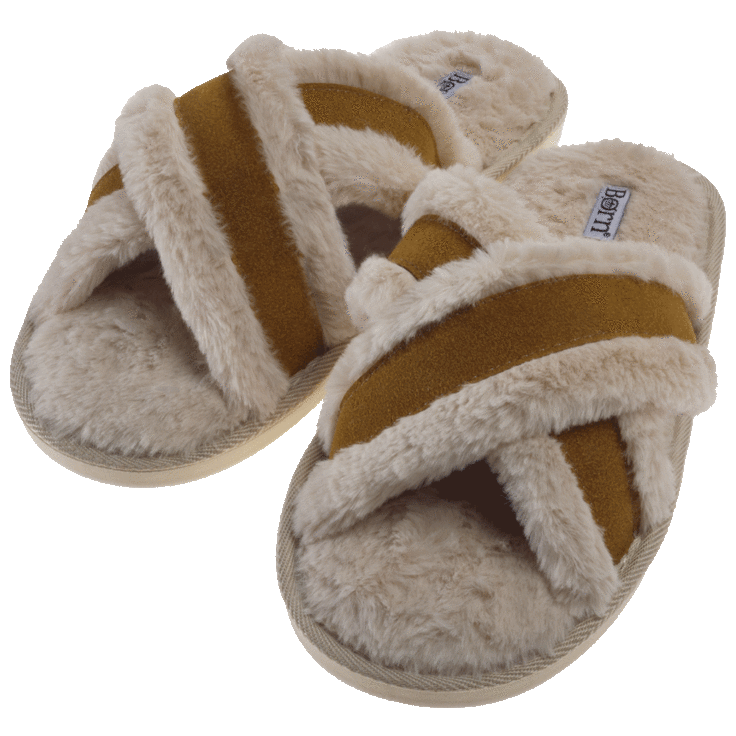 MorningSave Born Faux Fur Criss Cross Slide With Faux Suede Trim