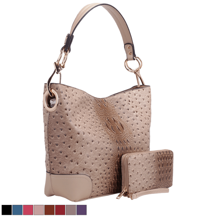 Brown Womens Ostrich Leather 2 Piece Purse Set