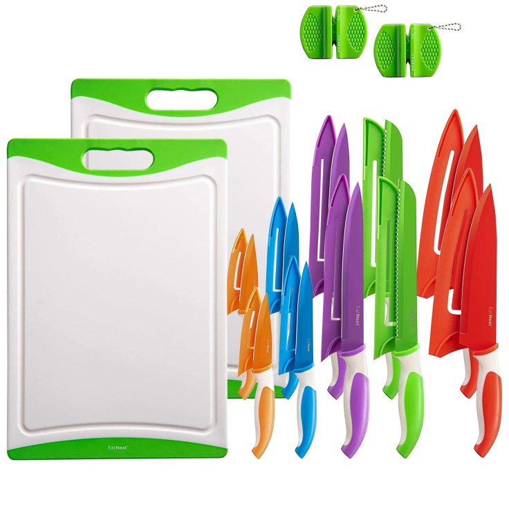 2-Pack EatNeat Knife Set with Cutting Board & Knife Sharpener