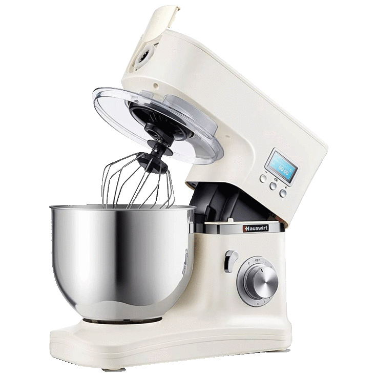 Hauswirt 5.3-Quart Tilt-Head Kitchen Electric Dough Stand Mixer, 8-Speed with LCD Display Timer, Dishwasher-Safe Stainless-Steel Bowl, Hook, Beater & Whisk, 1000W Peak Power (White)
