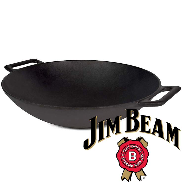 Jim Beam 12'' Pre Seasoned Heavy Duty Construction Cast Iron Grilling Wok, 