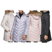 Kenneth Cole Mid-Length Chevron Quilted Puffer Jacket with Faux Fur Trim