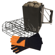 Steven Raichlen Rib Rack, XL Chimney Starter and Leather Grilling Gloves Bundle