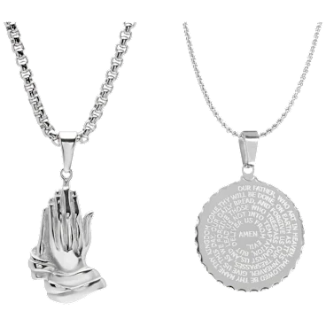 Steeltime Men's Prayer Hands & Round Pendant Necklace Set