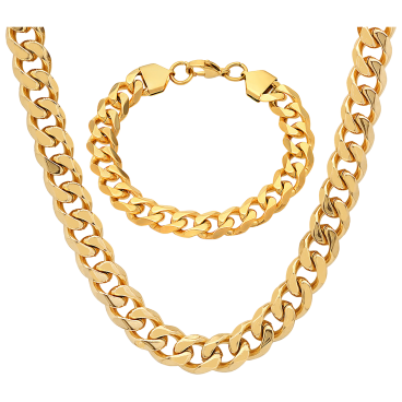 Steeltime Men's Heavy Thick Cuban Link Necklace & Bracelet Set