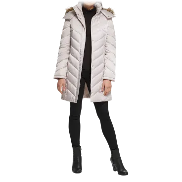 Kenneth Cole Mid-Length Chevron Quilted Puffer Jacket with Faux Fur Trim