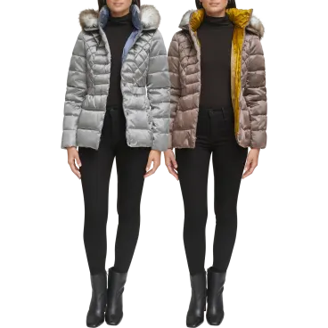 Kenneth Cole Women's Puffer with Fur Trimmed Hood