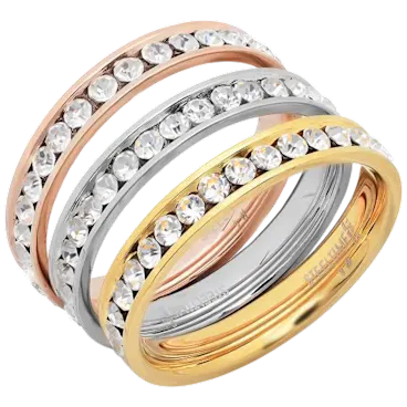 Steeltime Ladies Tritone Stainless Steel Simulated Diamond 3-Piece Ring Set