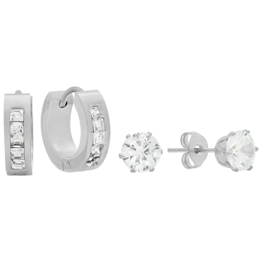 Steeltime Simulated Diamond Studs & Huggie Hoop Earrings