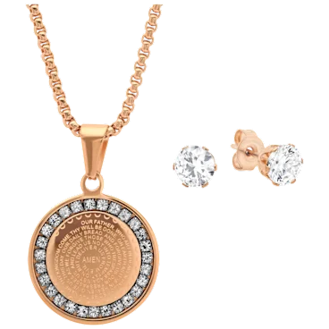 Steeltime Ladies Round Pendant & Simulated Diamond Earrings