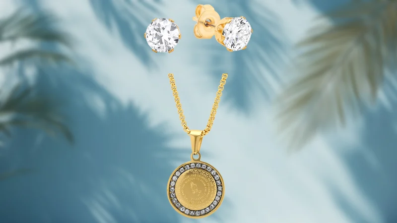 Steeltime Set Colgante "Oración de la Serenidad" y Aretes con Diamante Simulado