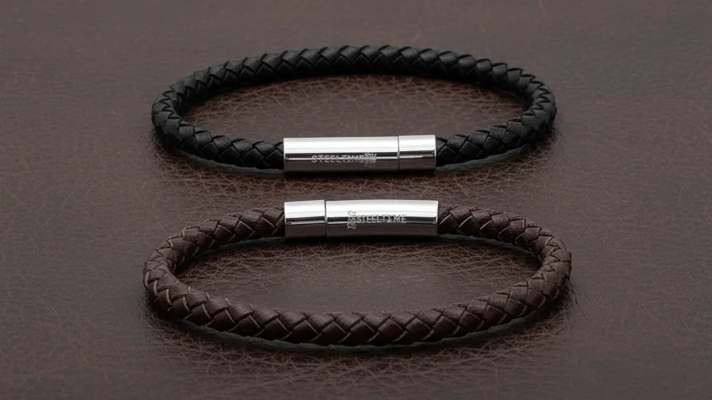 Steeltime Set de 2 Pulseras Hombre Trenzadas de Cuero Genuino