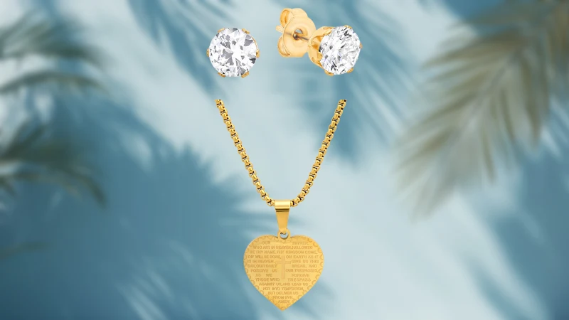 Steeltime Colgante Corazón "Padre Nuestro" y Aretes con Diamante