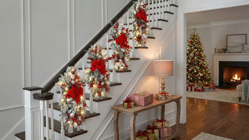 The 30" Cordless Prelit Red And White Stairway Swag