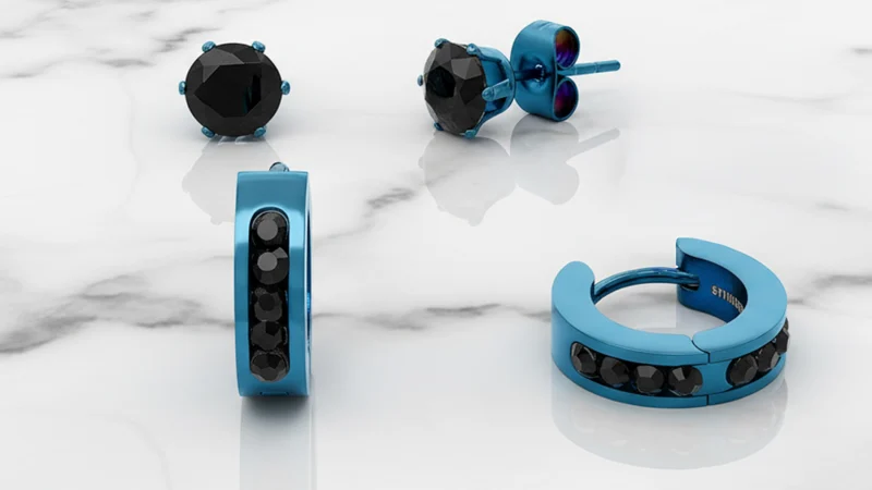 Steeltime Pendientes Hombre Studs y Huggie Ionizado Negro Azul