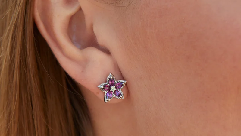 The Sterling Silver Rhodolite Flower Stud Earrings
